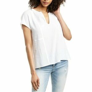 Vince Seamed White Blouse Lightweight Relaxed Fit Short Sleeves V Neck Size S